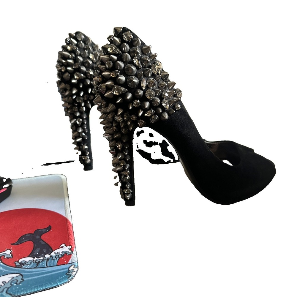 Sam Edelman Lorissa Black Suede Spiked Crystal Peep Toe Platform Pumps Women 7.5